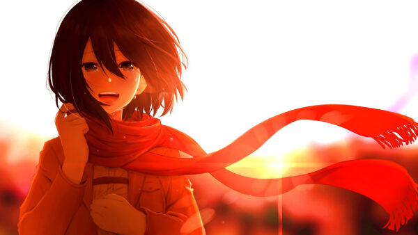 Wallpaper With, Mikasa, Titan, Anime, Standing, Background, Red, Ackerman, Side, Scarf, Attack, Rays, Sun, White, Desktop