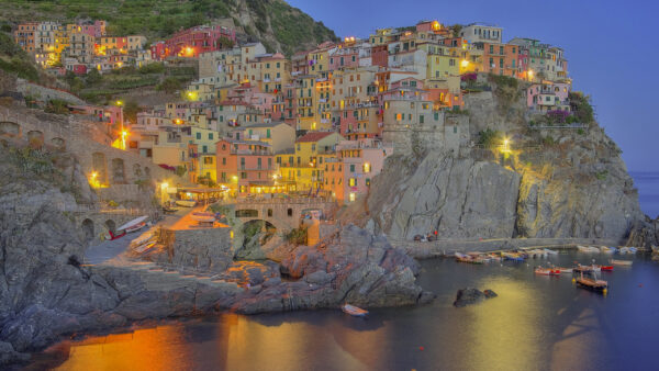 Wallpaper Desktop, House, Liguria, Travel, Light, Rock, Manarola, Italy