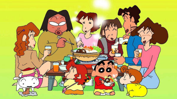 Wallpaper Green, With, And, Family, Background, Shinchan, Friends, Eating