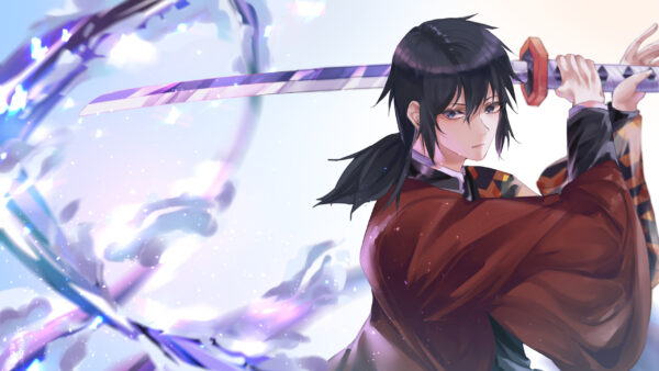 Wallpaper Anime, With, Slayer, Shallow, Demon, Lighting, Dress, Background, Giyuu, Wearing, Brown, Tomioka, And, Sword, Sky