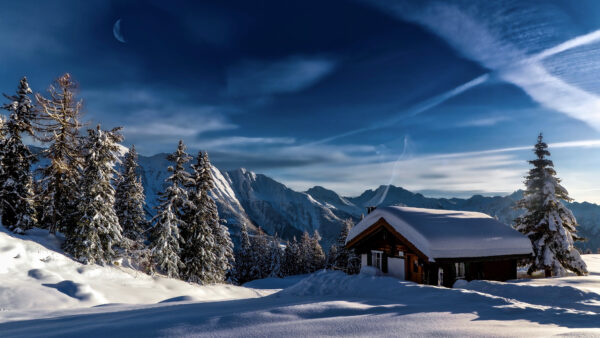 Wallpaper Snow, Background, Under, Mobile, Winter, Mountains, Blue, Desktop, House, Trees, Sky, Covered
