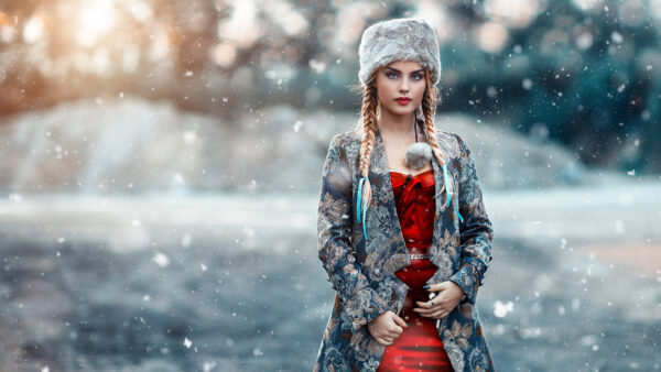 Wallpaper During, Winter, Model, Standing, Falling, Desktop, Snow, Girl