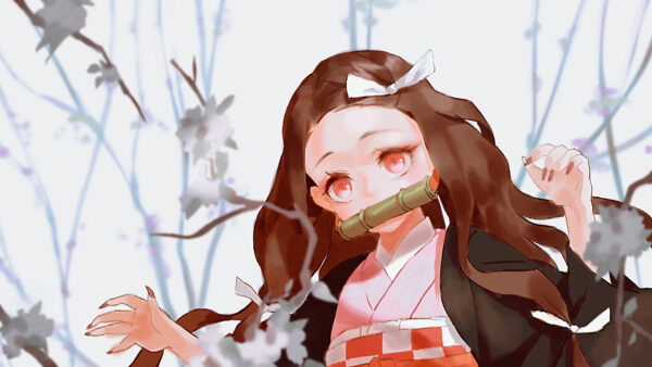 Wallpaper And, Anime, With, Nezuko, Trees, Slayer, Dry, Kamado, Dress, Demon, Sky, Wearing, Desktop, Red, Background