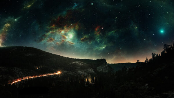 Wallpaper Green, Cloudy, Nature, Beautiful, Trees, And, Covered, Black, Forest, Sky, Starry, Mountain, Under