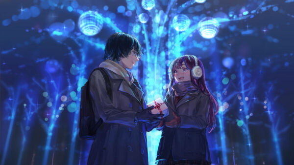 Wallpaper Blue, Gift, Lights, Background, Glare, Anime, Couple, Girl