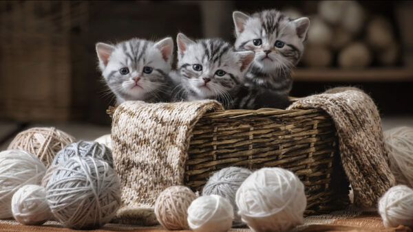 Wallpaper Kittens, Kitten, Are, Blur, Black, Three, White, Sitting, Bamboo, Basket, Inside, Background