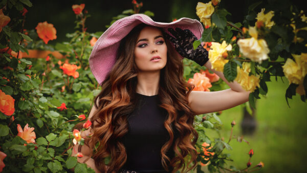 Wallpaper Hat, Standing, Background, Plants, Black, Pink, Wearing, And, Dress, Girls, Beautiful, Girl, Model, Big, Flowers