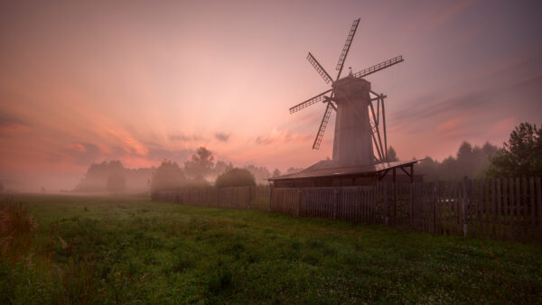 Wallpaper Travel, Fog, Field, Blue, Sky, Background, Windmill, Grass
