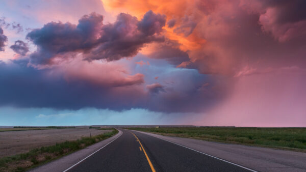 Wallpaper Blue, Grass, Sky, Sunset, Black, Under, Land, Nature, Between, Road, Clouds, During, Field