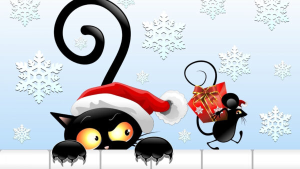 Wallpaper With, Desktop, Hat, Snowflake, Cat, Christmas, Mouse, Santa, Gift