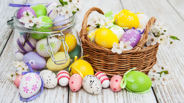 Wallpaper Bamboo, Basket, Eggs, Inside, Colorful, Easter