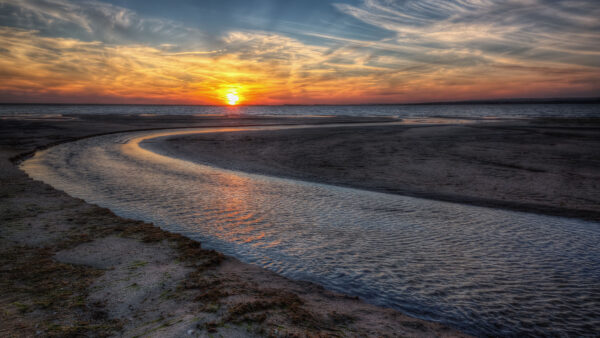 Wallpaper Sky, Nature, During, Coast, Background, Beach, Strait, Desktop, Silhouette, Under, Mobile, Sea, Blue, Sunset, Sand