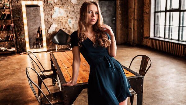 Wallpaper Girls, Front, Model, Table, Standing, Girl, Dress, Blonde, Wearing, Blue