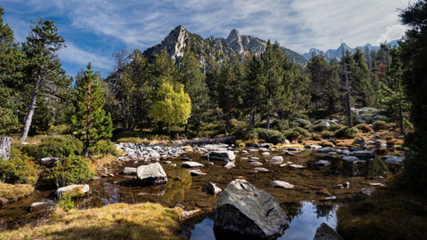 Wallpaper Sky, White, Lake, Mountains, Green, Clouds, Under, Trees, View, Landscape, Stones, Nature, Blue, Rock