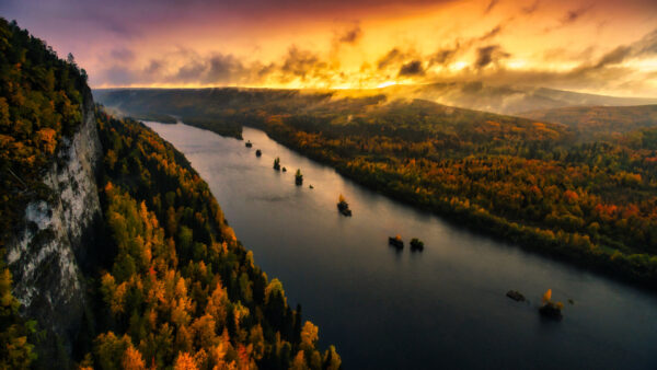 Wallpaper Sunset, River, Forest, Nature, View, Aerial, With, And, Sky, Background, Clouds, Desktop