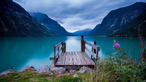 Wallpaper Under, Sky, Bushes, Blue, Green, Water, Body, Mountains, Clouds, Near, View, Plants, Nature, Landscape, Wood, Flowers, Dock, White