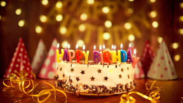 Wallpaper Decoration, Cake, Happy, Background, Bokeh, Candles, Colorful, Birthday, With, Lights