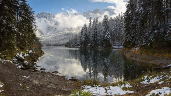 Wallpaper And, Bavaria, Lake, Covered, Snow, Germany, Trees, Touching, Fir, Mountain, Nature, Alps, Clouds, Around