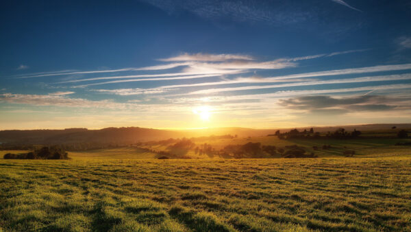 Wallpaper Sky, Green, Blue, Field, Clouds, Grass, Background, Sunrise, Country, Under