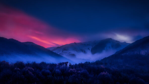 Wallpaper Sky, Scenery, Beautiful, Pink, Cloudy, Under, Nature, Blue, Hill