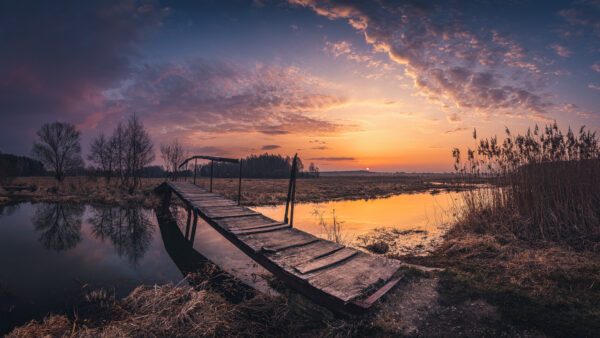 Wallpaper Cloudy, Blue, Between, Black, Under, River, Nature, Evening, Sky, During, Time, Wood, Dock