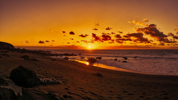 Wallpaper Sand, Silhouette, Beach, Shore, Sunset, Stones, Background, Ocean