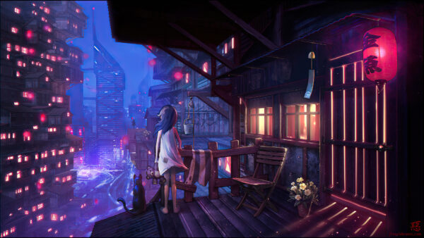 Wallpaper Cute, Anime, Standing, Girl, With, Buildings, Teddy, Background