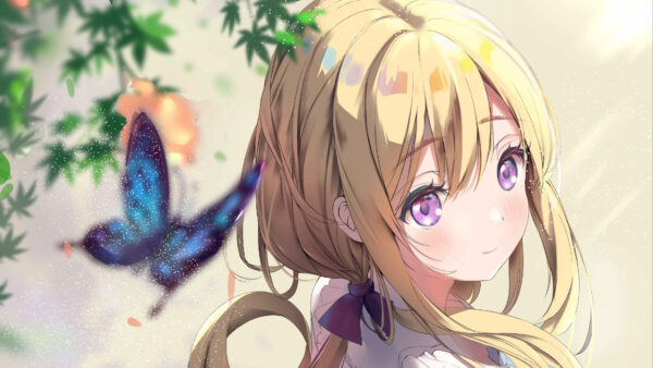 Wallpaper Girl, Hair, Purple, Eyes, White, Butterfly, Glance, Anime
