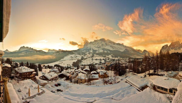 Wallpaper Trees, With, Houses, Covered, View, And, Landscape, Nature, Mountain, Snow