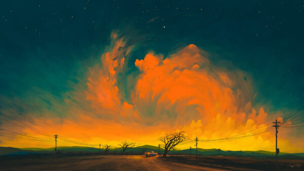 Wallpaper Night, Landscape, Sky, Line, Minimalism, Car, Power, Cloud