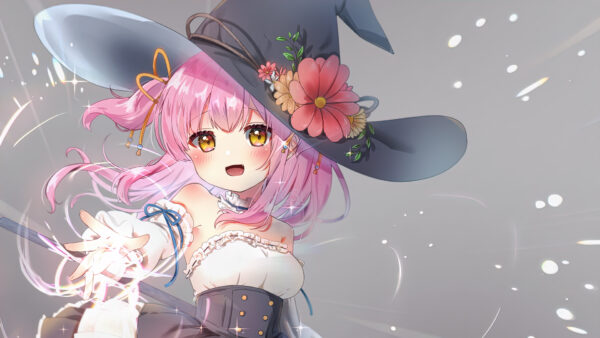 Wallpaper Witch, Girl, Anime, Hair, Hat, Yellow, Eyes, Broomstick, Pink