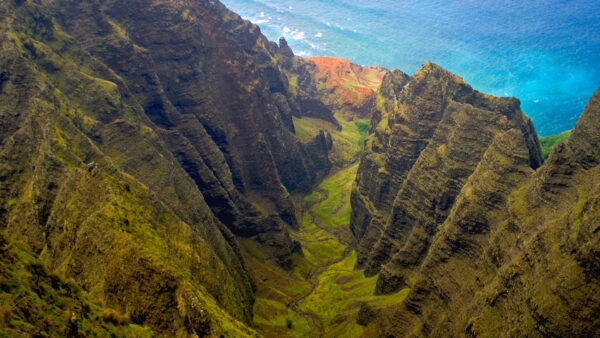 Wallpaper Greenery, Covered, Green, Mountain, Rock, Waves, Algae, Aerial, Ocean, Nature, View