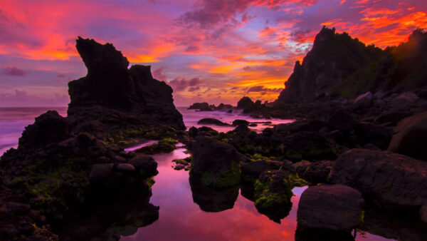 Wallpaper Sunset, Nature, Clouds, Covered, During, Sky, Rocks, Ocean, Mountains, Algae, Waves, Blue, Black, Under