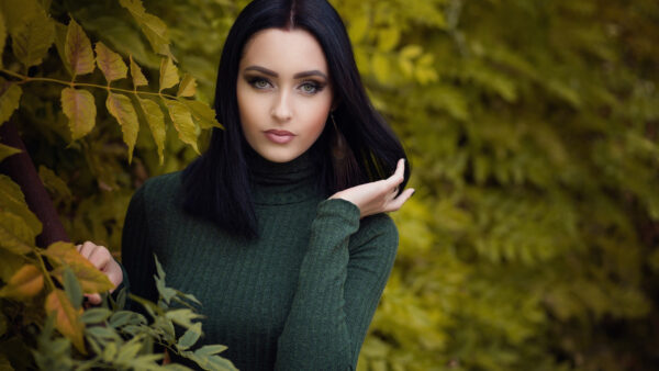 Wallpaper Model, Standing, Green, Short, Background, Hair, Girls, Beauty, Dress, Trees, Wearing, Black, Girl, Stunning