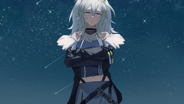 Wallpaper Blue, Standing, Girl, White, Hair, Eyes, Cute, Starry, Background, Sky, Anime