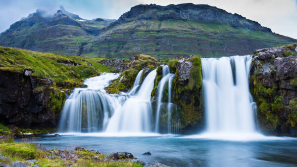 Wallpaper Waterfalls, Background, Pouring, Algae, Desktop, Covered, Rocks, Between, Nature, Mountain, Lake