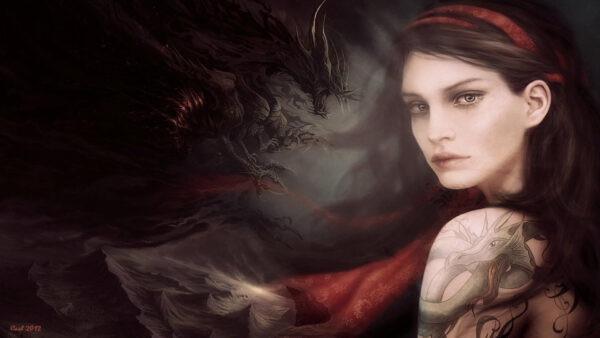 Wallpaper Dreamy, Dragon, Near, Woman, Black, Fantasy, Desktop