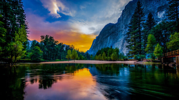 Wallpaper Yellow, Between, Mountains, Nature, Green, Reflection, Background, Clouds, Blue, Sky, Water, White, Trees, And, River