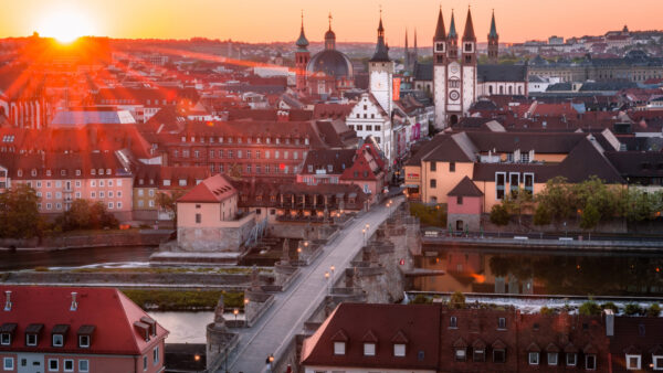 Wallpaper During, Germany, Sunset, Travel, Road, Cathedral, Wurzburg, Bridge, Building