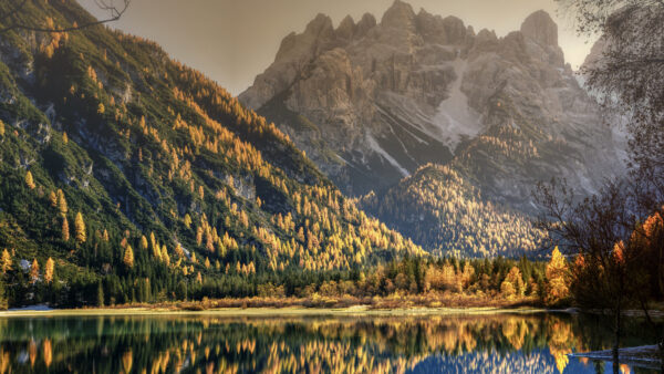 Wallpaper Slope, With, Mobile, Mountain, Colorful, View, Snow, Desktop, River, Reflection, Trees, Rock, Landscape, Autumn