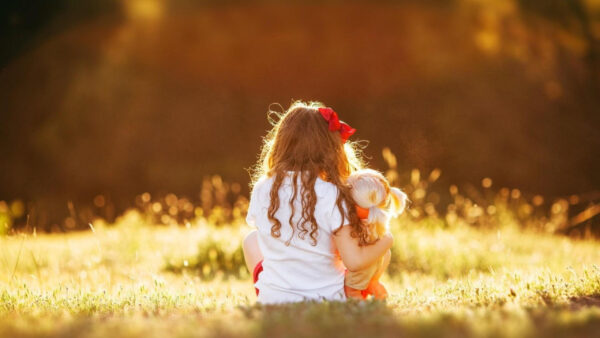 Wallpaper Red, Doll, Little, With, White, Wearing, Sitting, Girl, Green, Cute, Grass, Dress