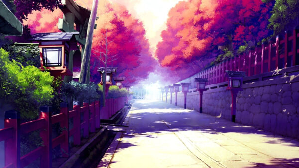 Wallpaper Lamp, Anime, Street, Green, Leaves, Background, Autumn, Light, Red, Trees