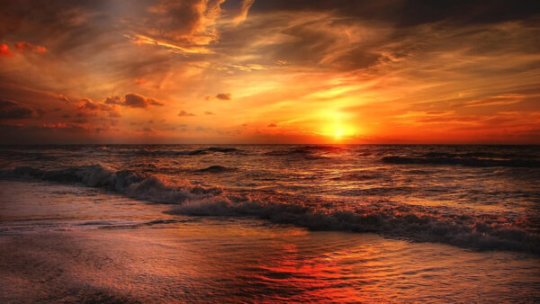 Wallpaper Ocean, Under, Orange, During, Sky, Cloudy, Beautiful, Sunrise, Waves