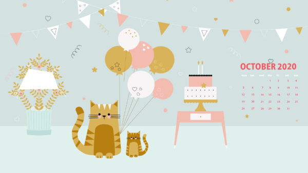 Wallpaper October, Light, Calendar, Desktop, Cats, Blue, Cakes, Background, With, Balloons, And, Decoration