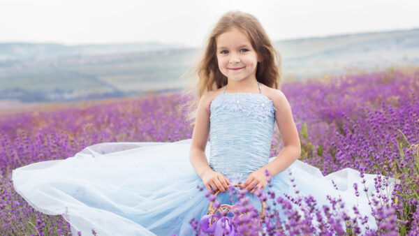 Wallpaper Background, Standing, Smiley, Flowers, Little, Field, Wearing, Light, Cute, Girl, Blue, Purple, Dress