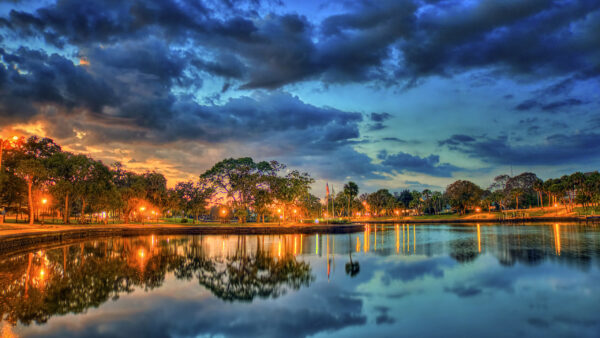 Wallpaper Green, Water, Nature, Blue, Beautiful, Trees, Pond, Reflection, Scenery, Under, Sky, Lights