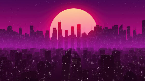 Wallpaper Lights, Vaporwave, City, Purple, Buildings, Moon, Sunrise, Sky, Dark