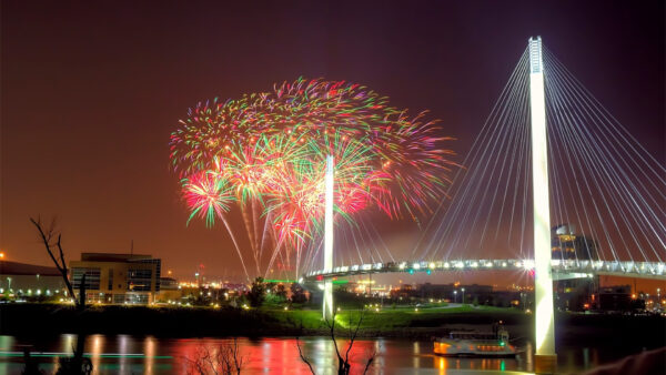 Wallpaper Bridge, Fireworks, Reflection, 4th, Missouri, Lights, July