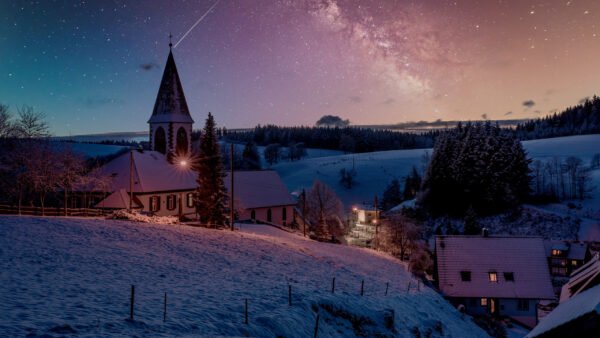 Wallpaper Sky, Covered, Starry, View, Beautiful, Houses, Winter, Snow, Under, Trees, Church