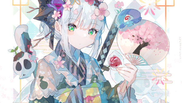 Wallpaper Anime, White, Girl, Eyes, Hair, Green